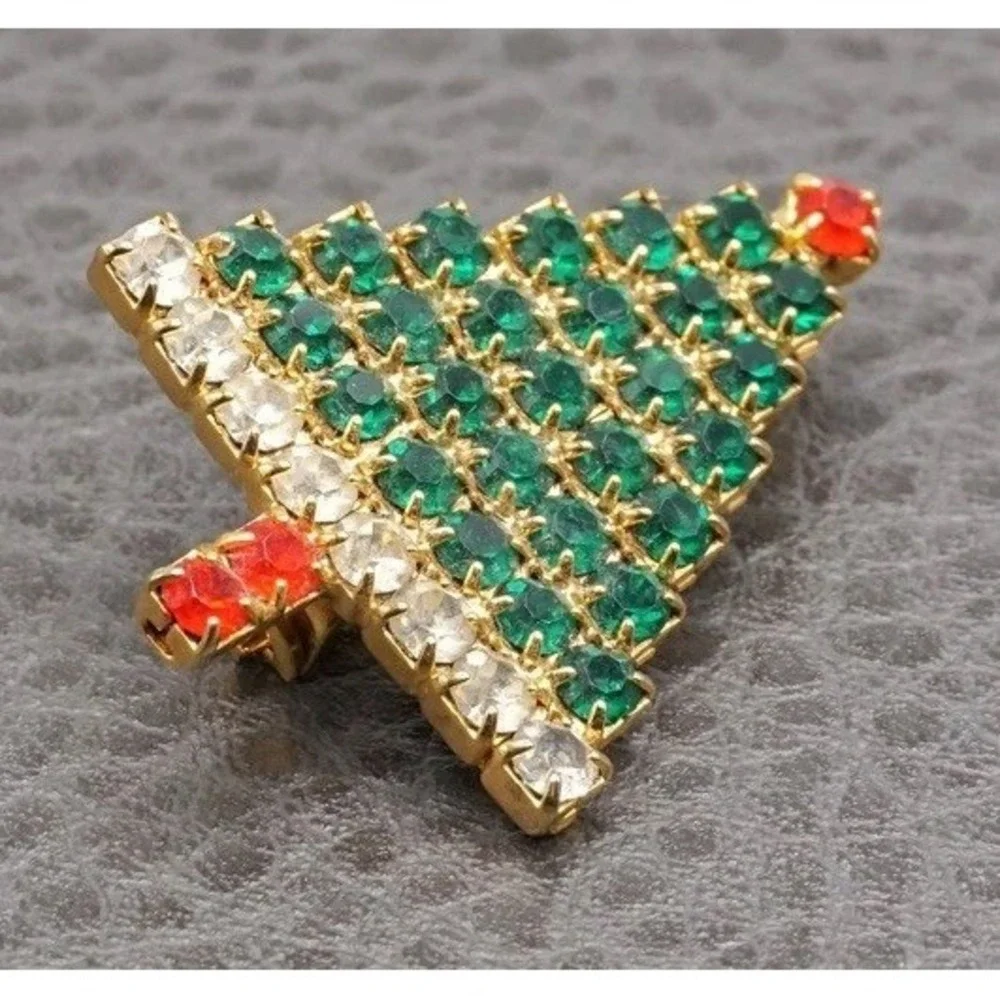 Vintage Christmas Tree Rhinestone Brooch Green Red Crystal Gold Tone